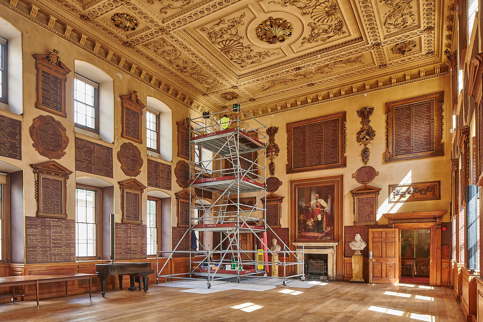 Scaffolding in the Great Hall for preliminary inspection
