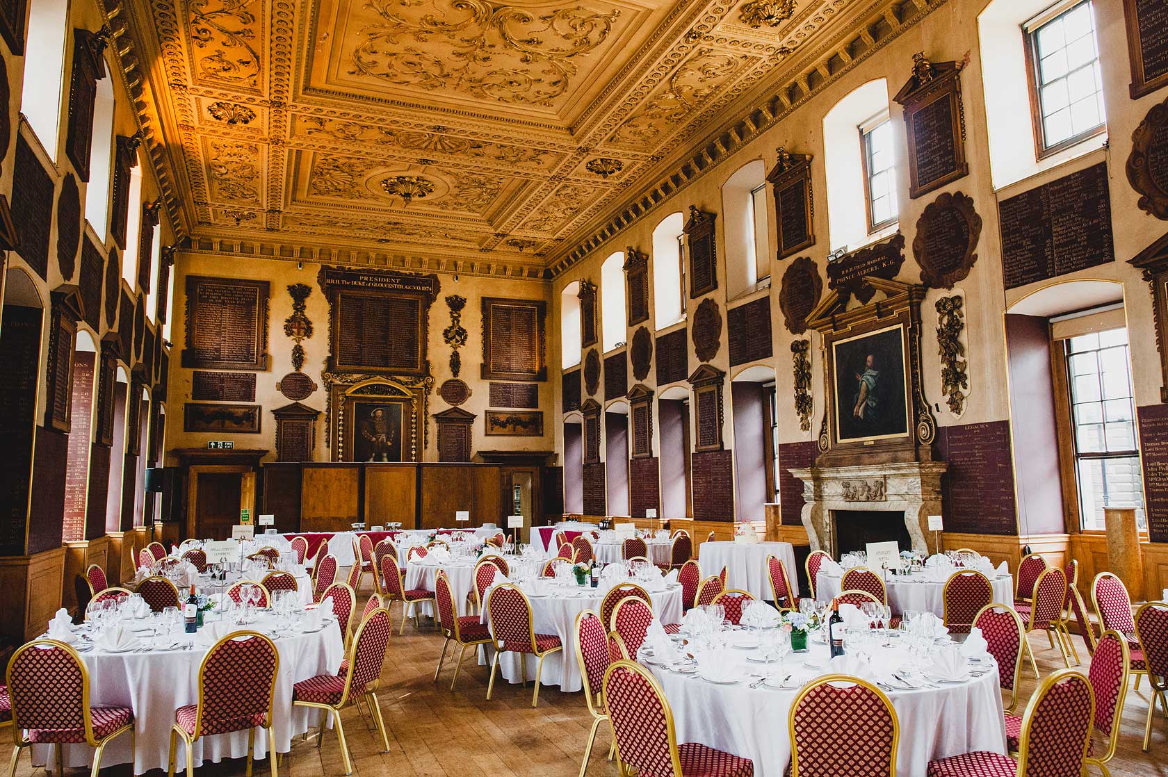 The Great Hall laid out for a wedding reception
